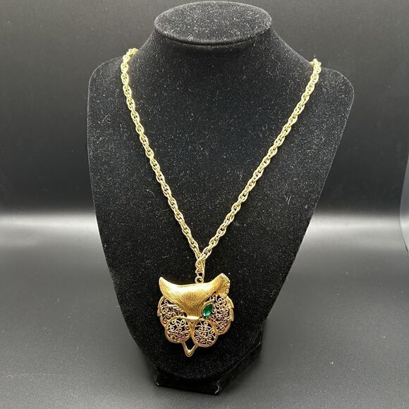VTG Winking One Green Eyed Cat Pendant Gold Rope Chain Necklace - Picture 6 of 11
